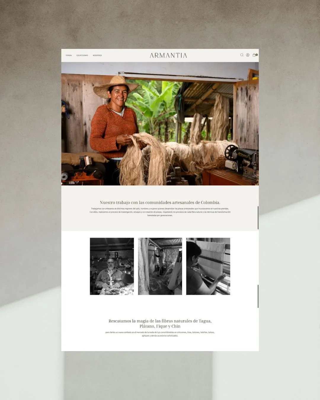 Armantia home page with an artisan working natural fiber