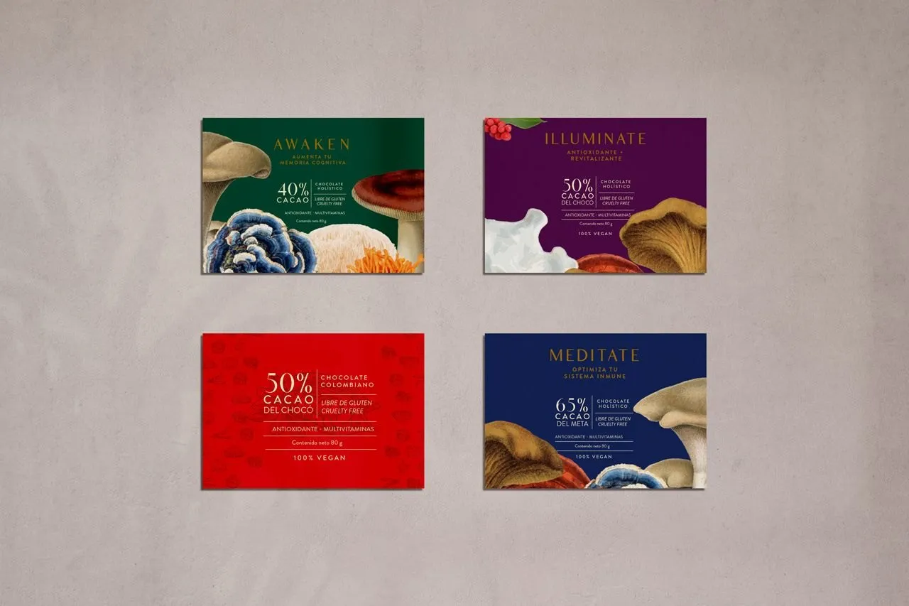 Four chocolate labels: Awaken, Illuminate, Meditate, and 50% cacao