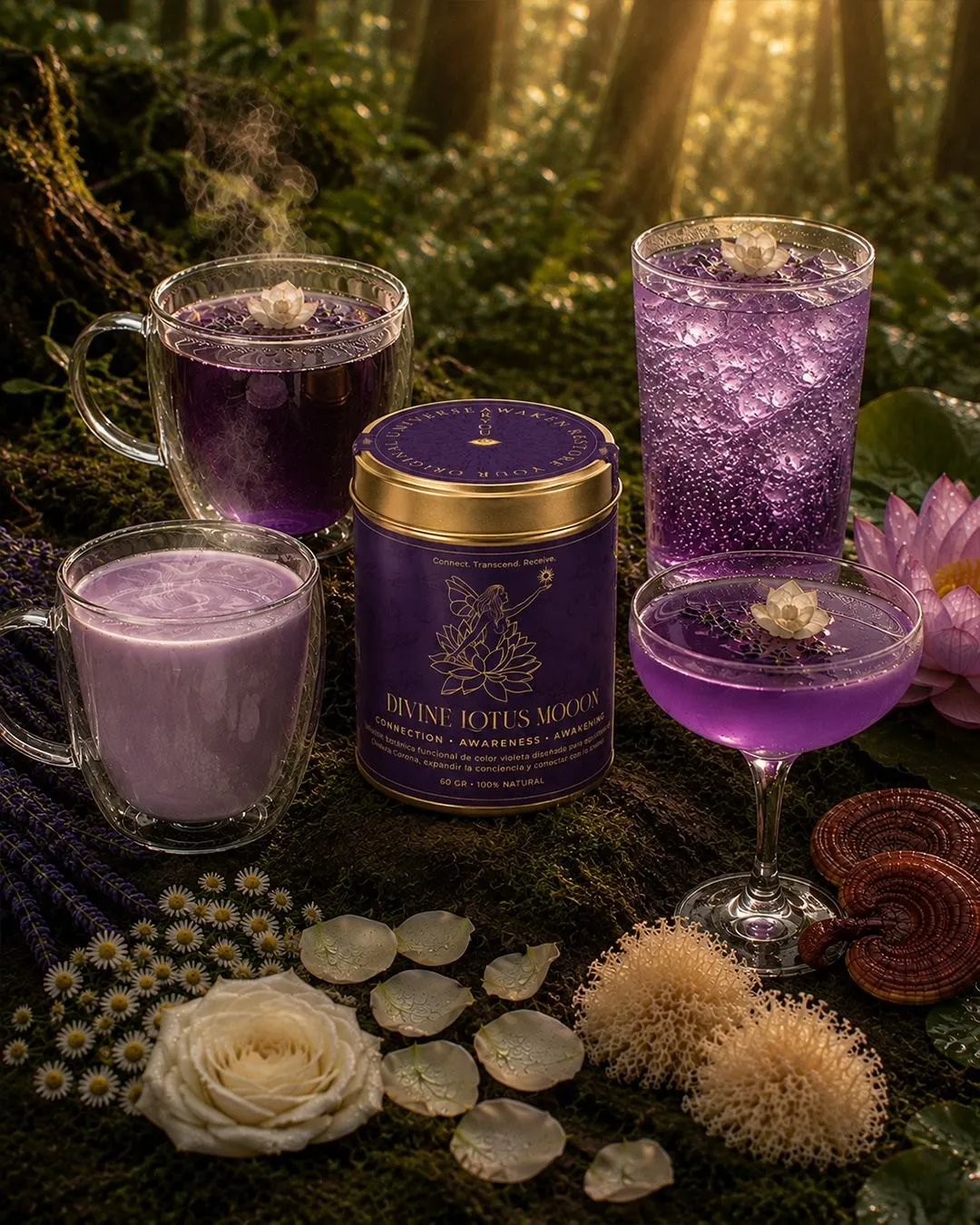 Divine Lotus Moon tin with the violet drinks