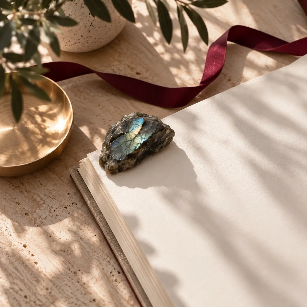Open notebook with an iridescent stone and a burgundy ribbon on travertine