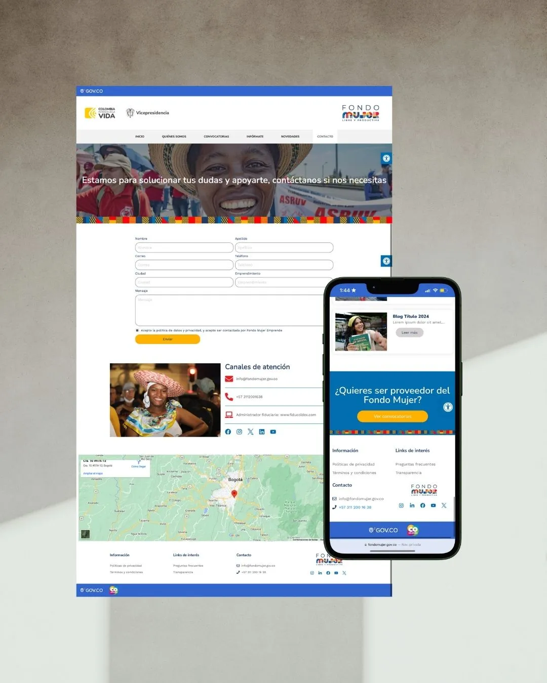 Página de contacto del sitio del Fondo Mujer Libre y Productiva con formulario y mapa, en versión de escritorio y en teléfono.