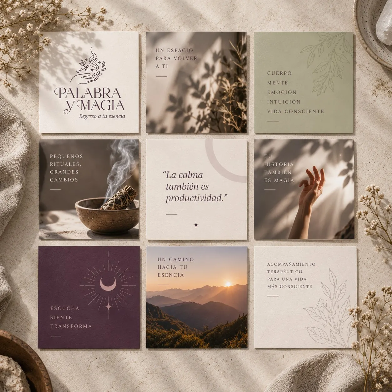 Cuadrícula de piezas de Palabra y Magia con frases, paisajes y símbolos