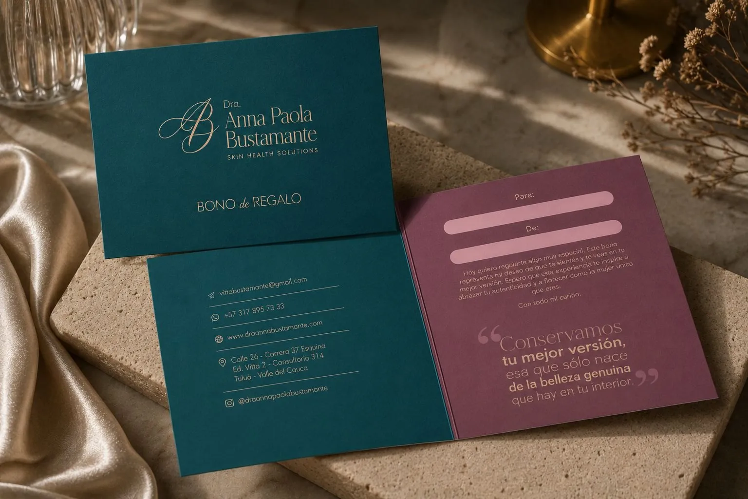 Gift card in deep teal and plum