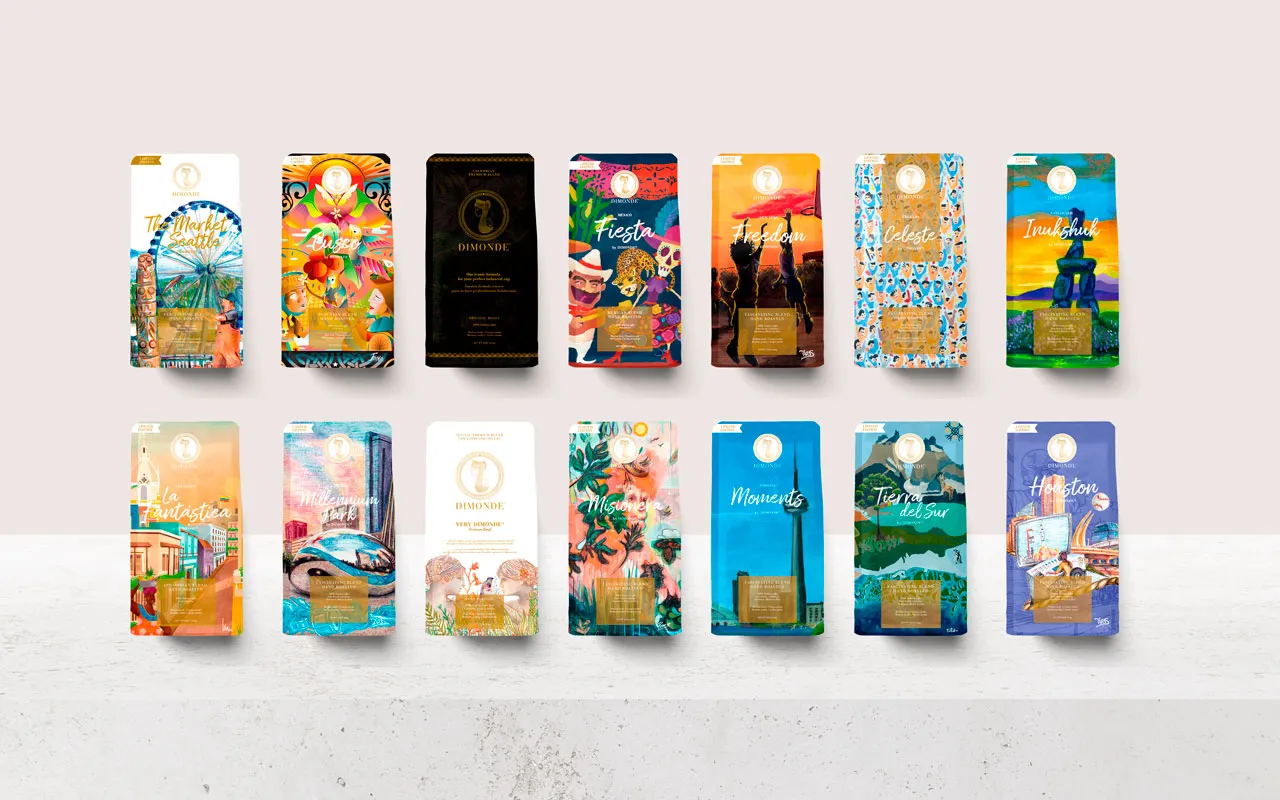 Dimonde coffee packaging line with illustrations of different destinations