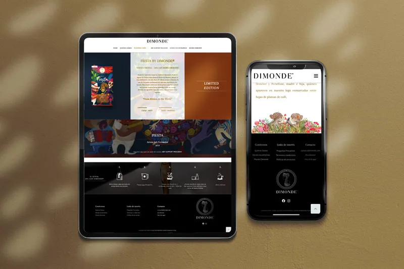 Dimonde website on a tablet and phone on a golden background