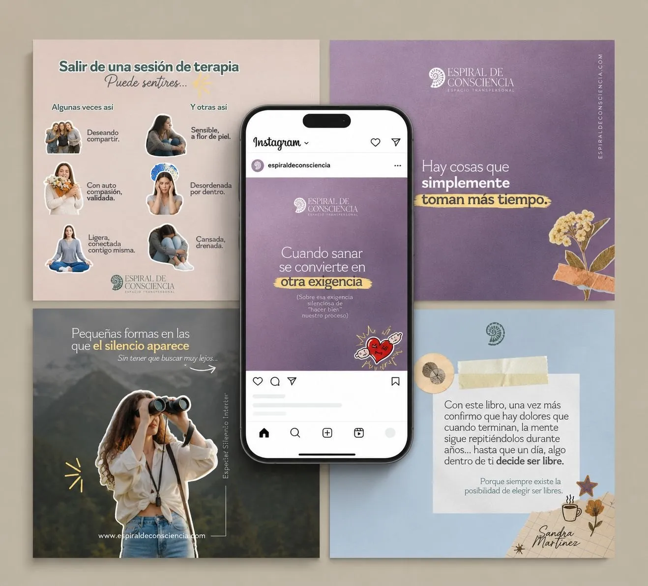 Instagram posts in violet, blue, and cream