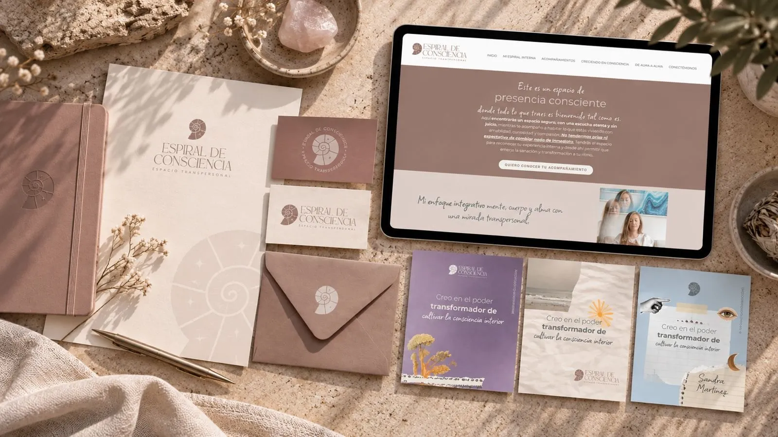 Stationery, website on a tablet, and social pieces