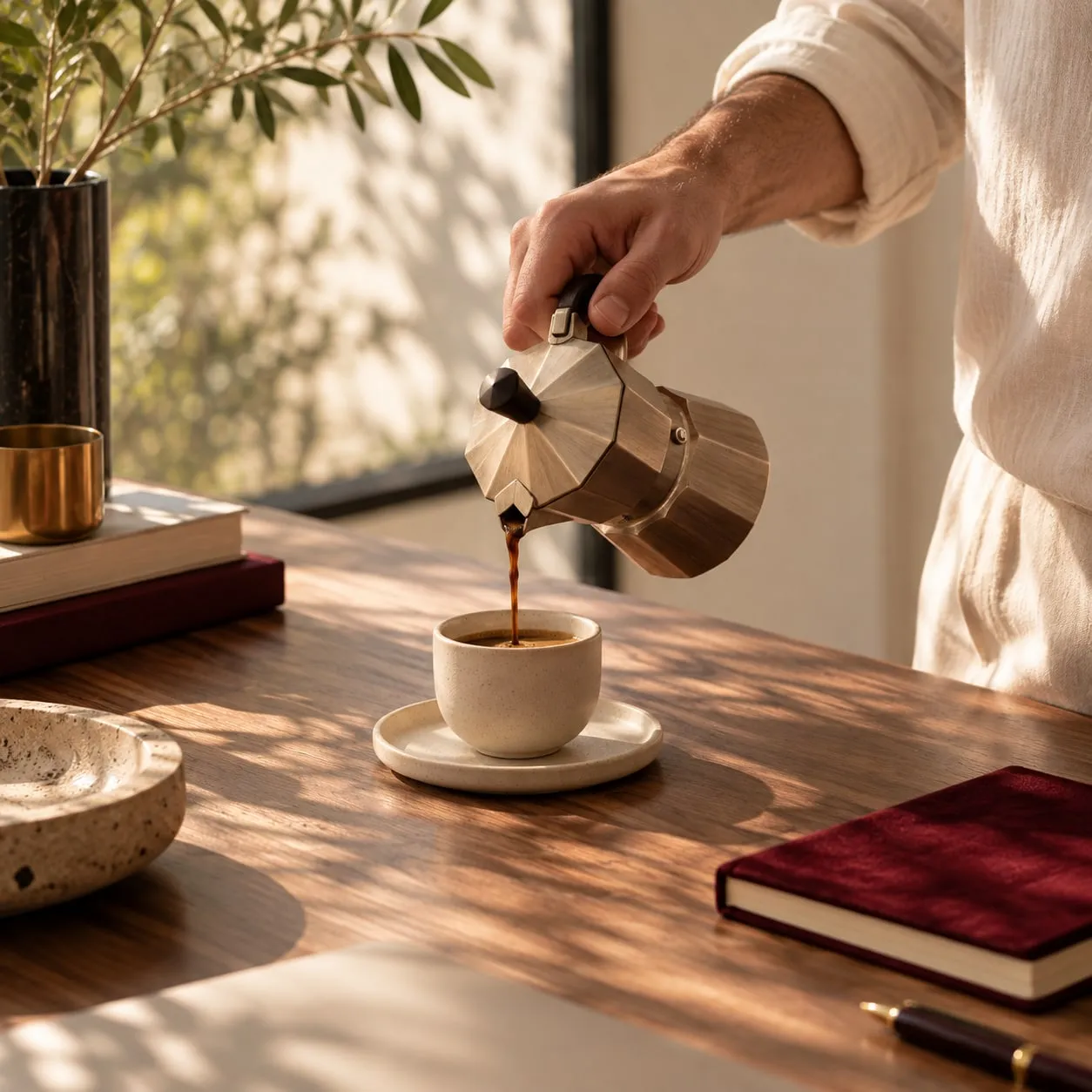 Espresso being poured beside a burgundy notebook