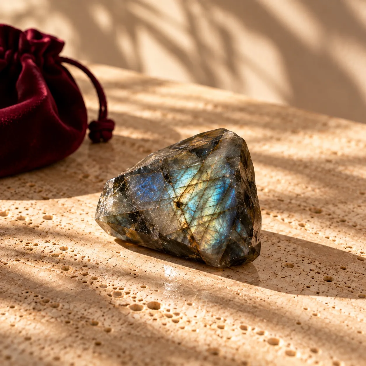 Labradorite beside a burgundy velvet pouch on light stone