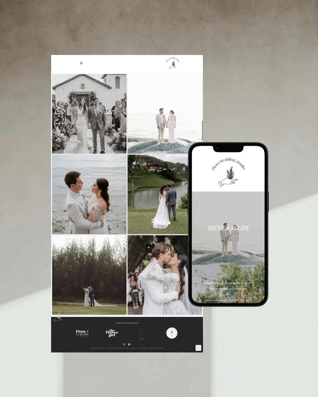 Galería de bodas del sitio de Flora Wedding Studio, en versión de escritorio y en teléfono.