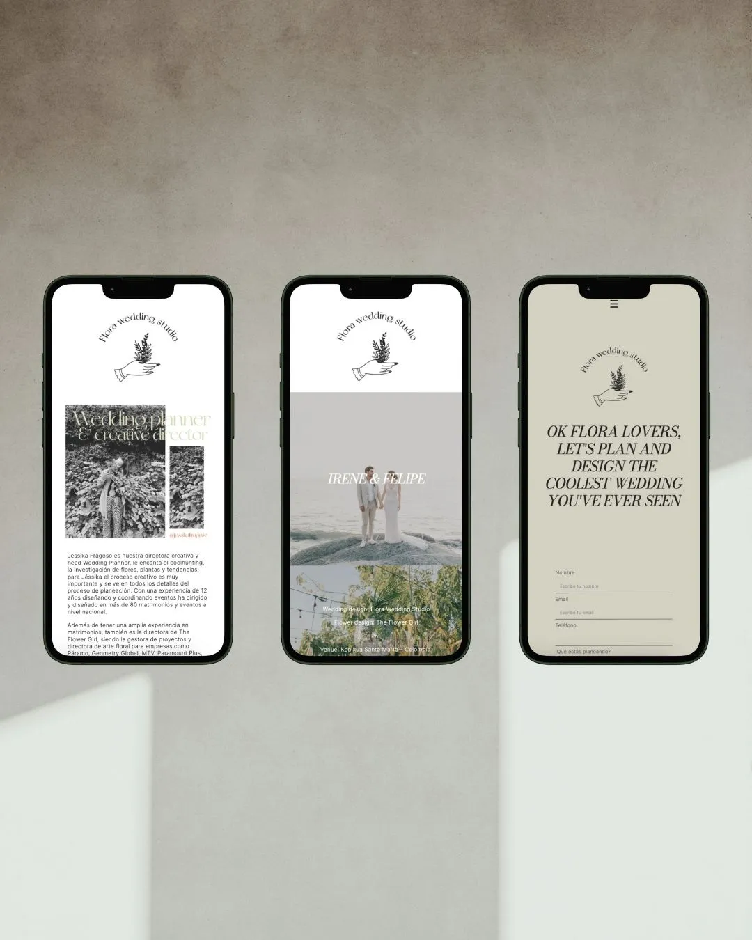 Tres pantallas móviles del sitio de Flora Wedding Studio: inicio, portada con una pareja y página de contacto.