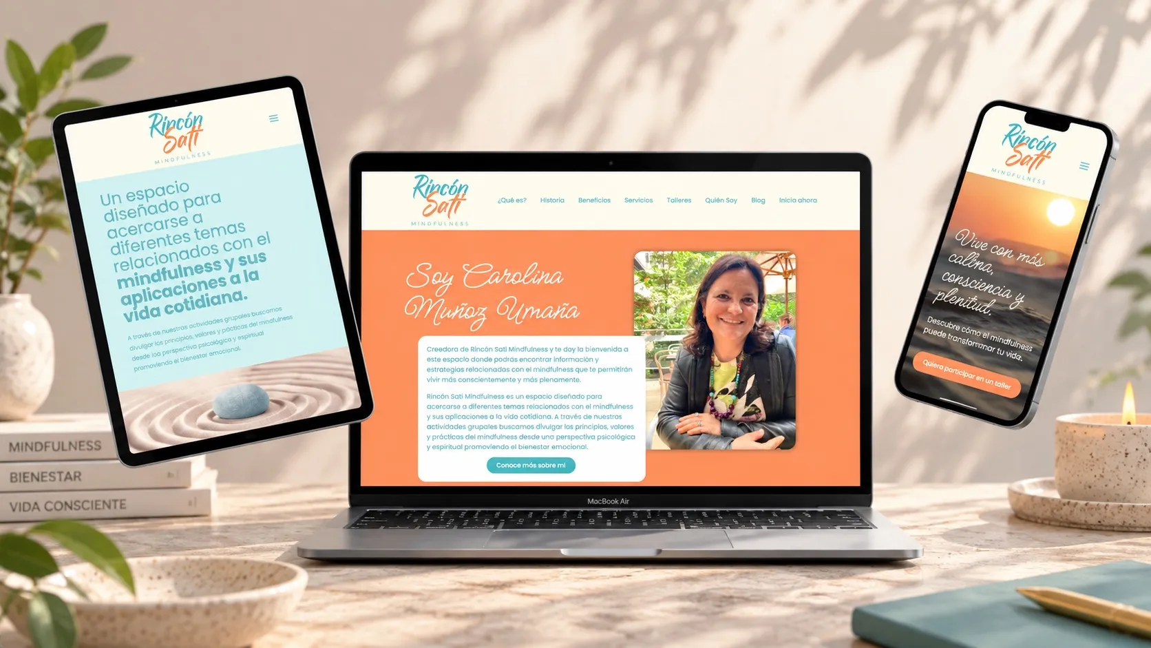 Rincón Sati website on laptop, tablet and phone