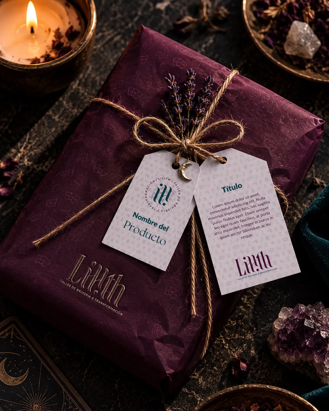 Gift wrapped in burgundy paper with Lilith tags and a candle