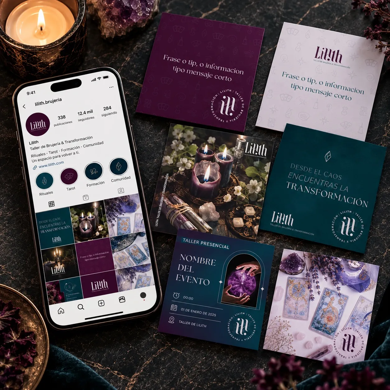 Lilith Instagram profile and brand pieces next to a candle