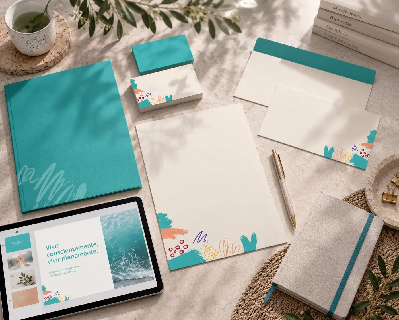 Rincón Sati turquoise stationery with a tablet