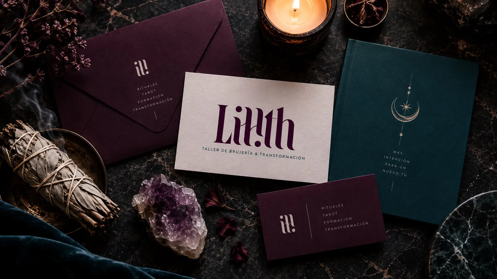 Lilith stationery among candles, sage and crystals