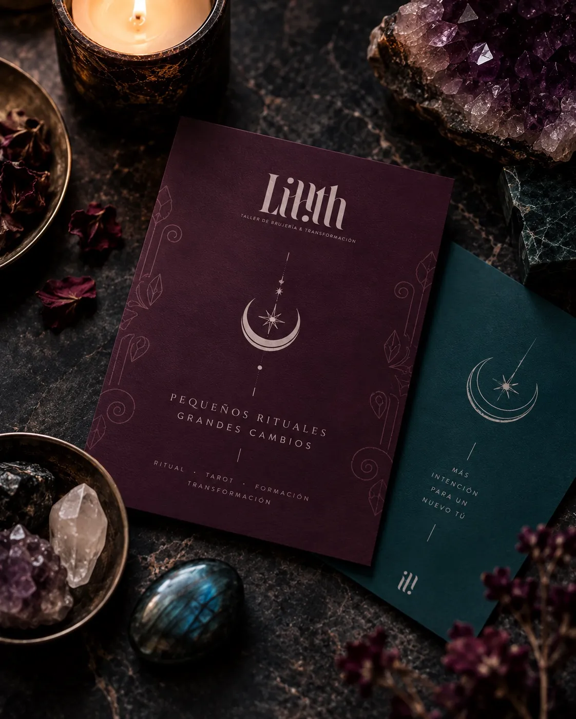 Lilith folder and card with crystals and candles
