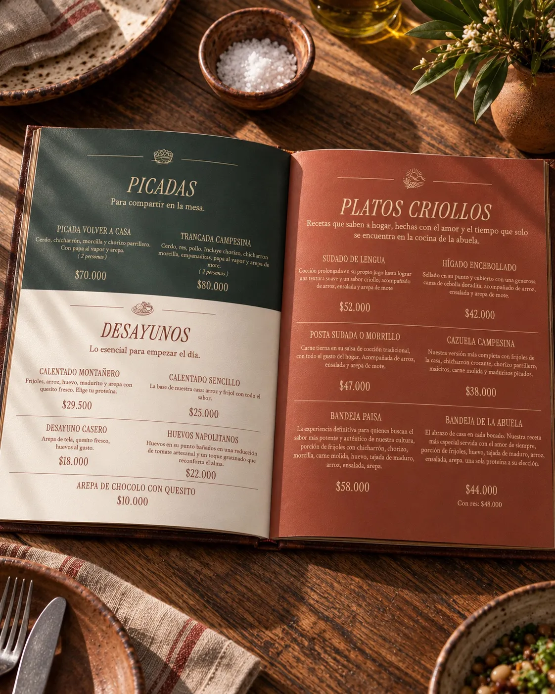 Volver a Casa Colombian menu open on wood