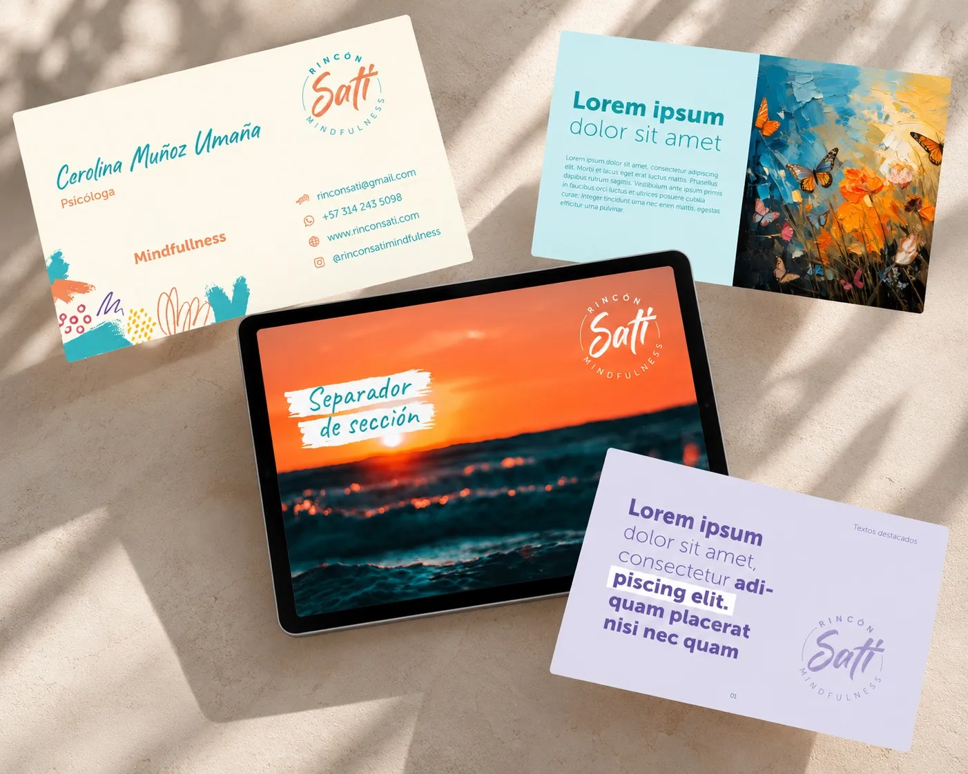 Rincón Sati cards and tablet with the presentation
