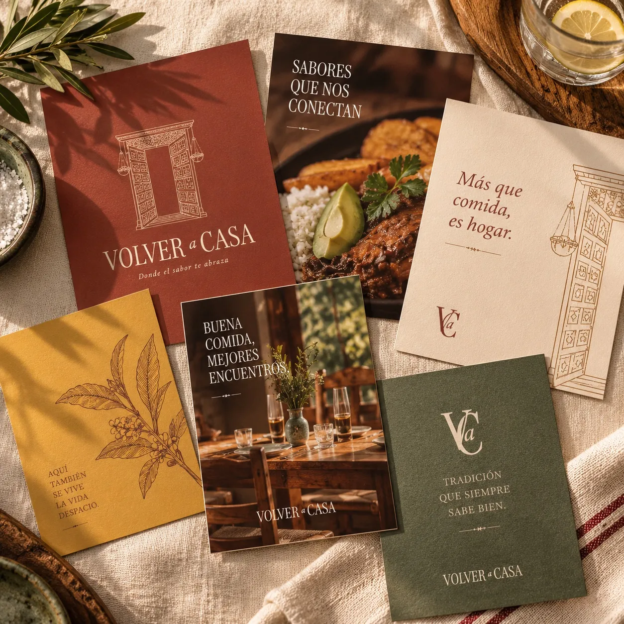 Volver a Casa postcards with flavors and dishes
