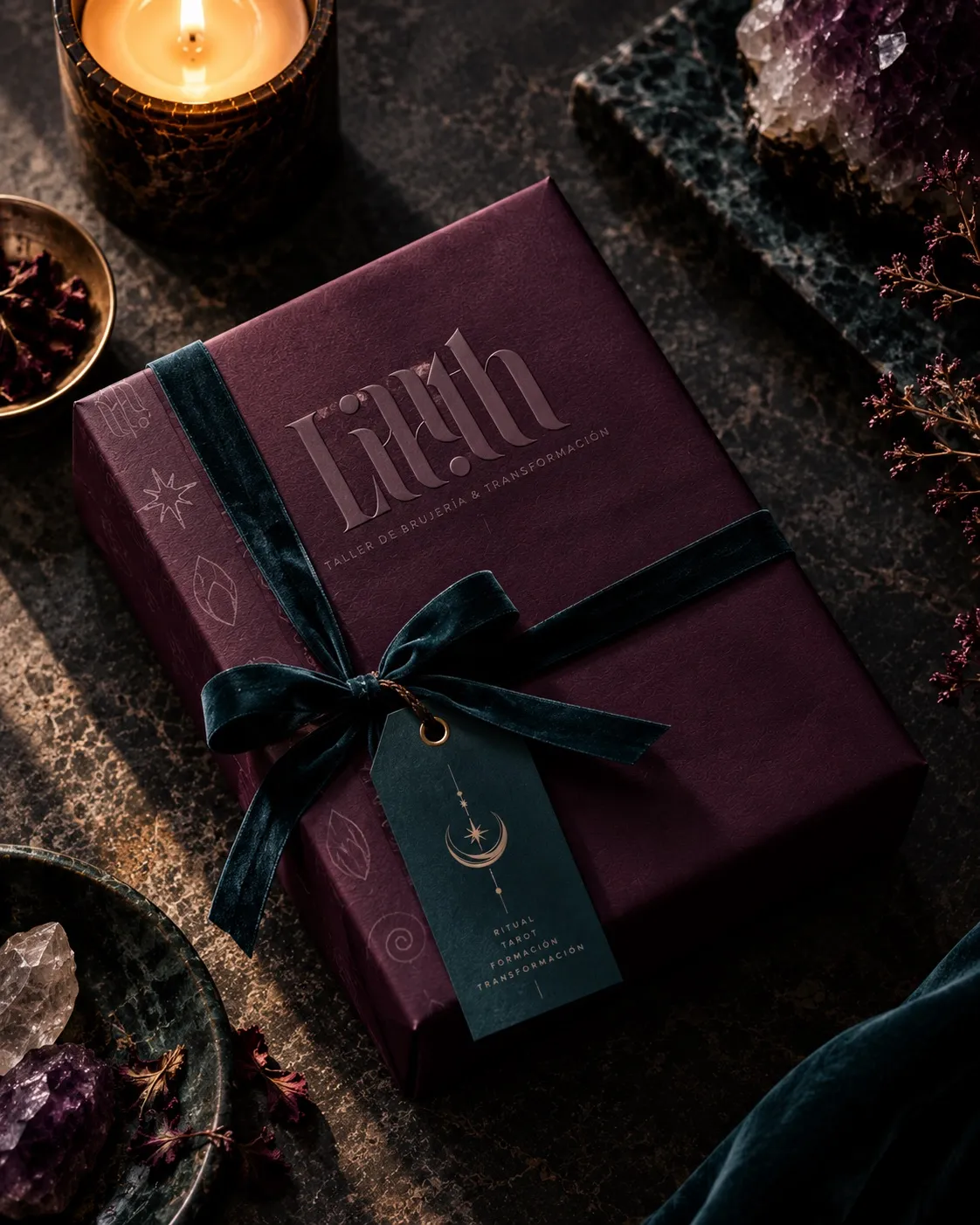 Lilith ritual box tied with ribbon under candlelight