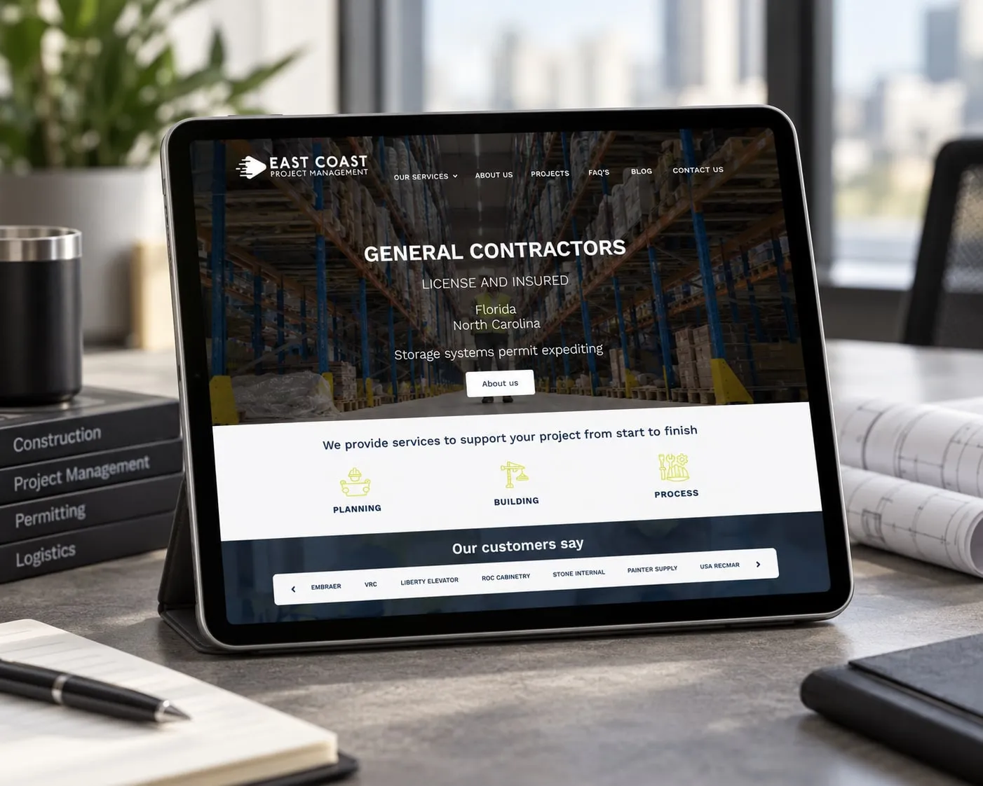 East Coast Project Management home page on a tablet